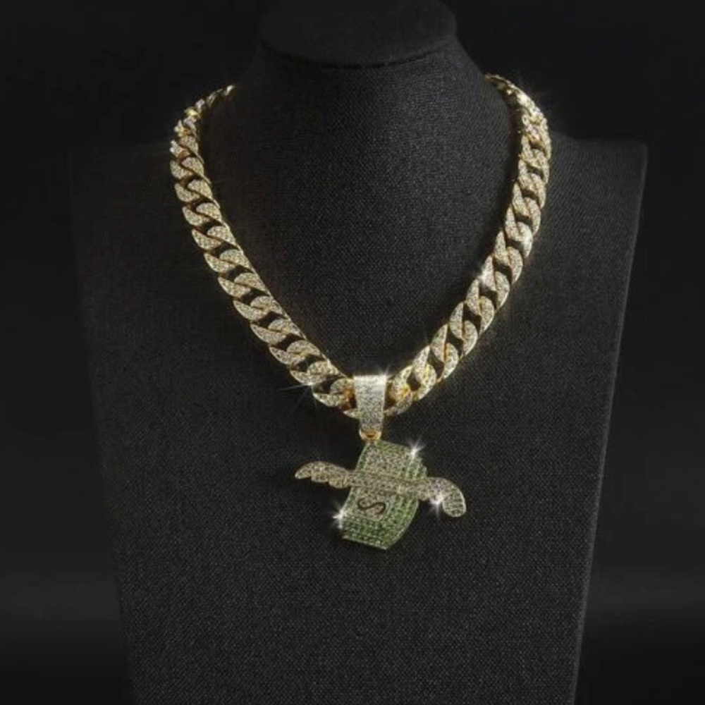 Hip Hop Glamorous Zinc Alloy Rhinestone Dollar Pendant Necklace - Picture 3 of 4